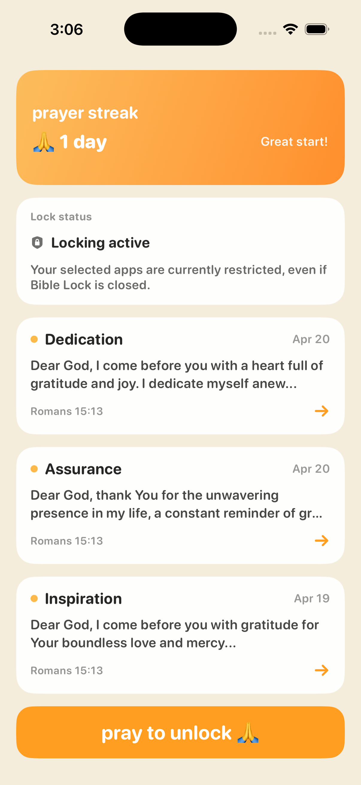Bible Lock home screen showing locking active